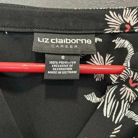 LIZ CLAIBORNE CAREER BLACK FLORAL BOHO BLOUSE LONG FLARED SLEEVES SIZE S V NECK - Picture 5 of 5